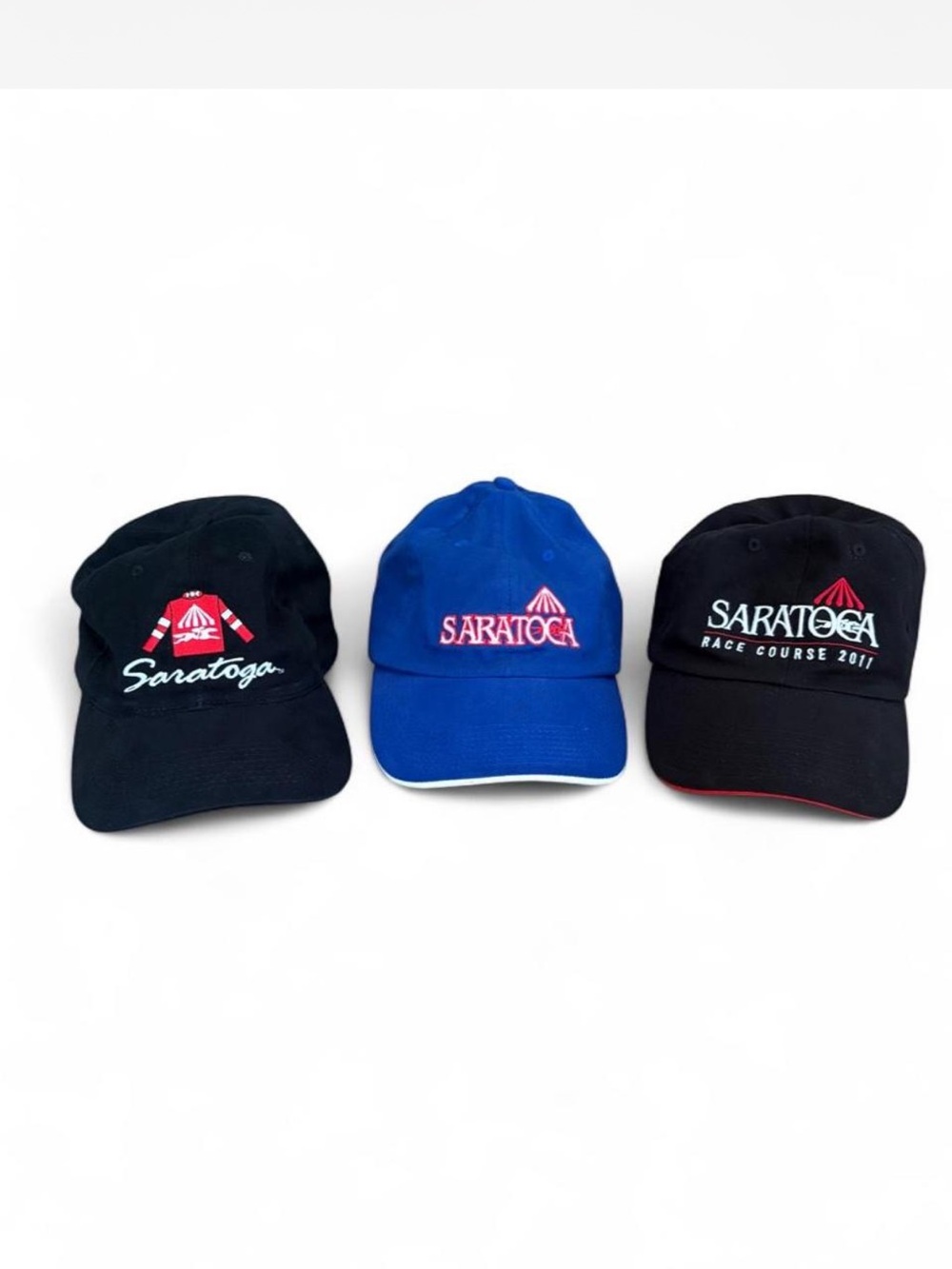 Three Saratoga Race Track baseball caps- 2 black and one blue